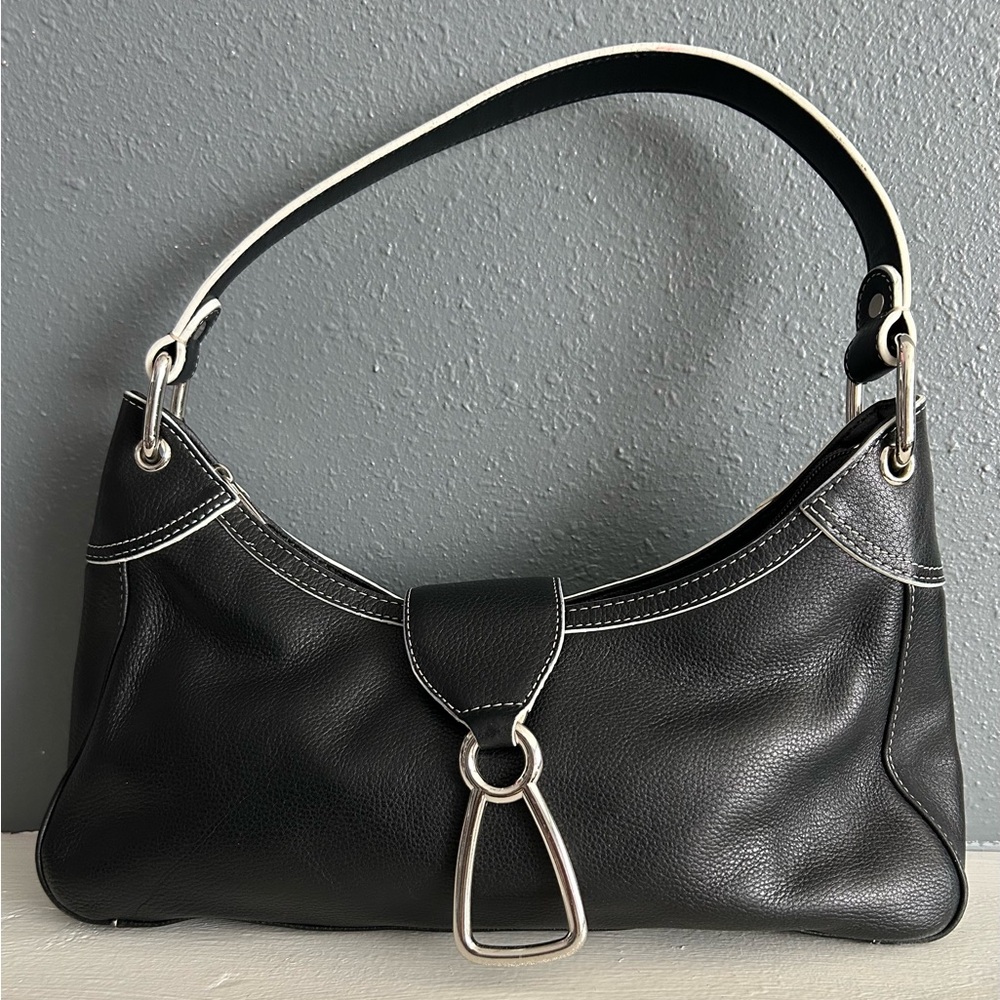 Anne Klein Black Shoulder Baguette Handbag with Silver Accents
